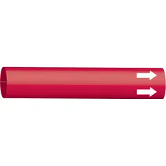 Blank strap-on pipe marker with red background, designed for pipe outer diameters of 8 to 9-7/8 inches. Includes arrows for indicating flow direction. Suitable for identifying pipe contents in industrial piping systems.
