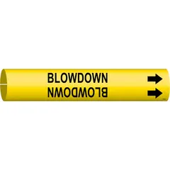 Yellow snap-on pipe marker with black legend reading 'Blowdown' and directional arrows. Fits pipe outer diameters from 2-1/2 to 3-7/8 inches. Used to identify blowdown lines in industrial piping systems, aiding in compliance with safety standards.