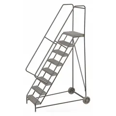 Aluminum tilt-&-roll ladder with double handrails and a gray finish. Assembled, with a 6.7 ft platform height and no locking mechanism. Used for accessing elevated platforms in industrial maintenance, warehousing, and material handling applications.