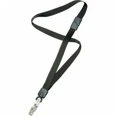 This lanyard is designed for securing ID badges, keys, or small tools. It features a breakaway clasp that releases under tension for safety. Suitable for horizontal or vertical wear. Supplied as a 12-pack in black.