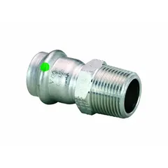 Stainless steel press tube fitting for potable water systems. Straight configuration with press-fit connection on one end and male NPT threads on the other. Used to transition from 1 1/4 in CTS tubing to 1 1/4 in threaded pipe in plumbing and industrial applications.