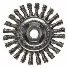 This WEILER brush is designed for heavy cleaning of flat carbon steel surfaces. It features a steel cable twist fill that aggressively removes rust, scale, and weld splatter. The brush has a 4" diameter, 1/4" width, 5/8"-11 arbor, and 0.02" fill. Typical applications include industrial maintenance and fabrication tasks requiring surface preparation.