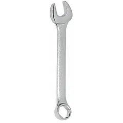 Alloy steel combination wrench with satin finish and offset design. SAE 6-point box end and open end for turning fasteners. Head size 9/32 in, overall length 3 3/8 in. Suitable for general maintenance and repair tasks where access is limited.