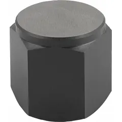 This tapped positioning foot features a flat face and internal M8 threads with a 16 mm thread length. It is used in jigs, fixtures, and workholding setups to provide a stable, adjustable support point for precise positioning during machining or assembly operations.