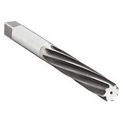 This hand reamer is made from high speed steel with a 19/32 in size and a left-hand spiral flute configuration. It is used for manually enlarging or finishing holes to a precise diameter. The left-hand spiral flute design aids in chip clearance and reduces chatter during operation.