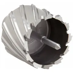 This high-speed steel annular cutter produces clean, burr-free holes in metal. With a 1 15/16 in cutter diameter and 1 in max cutting depth, it features a bright finish, Weldon Flat shank, and includes a pilot pin. Suitable for general cutting applications in structural steel fabrication, shipbuilding, and heavy equipment maintenance.