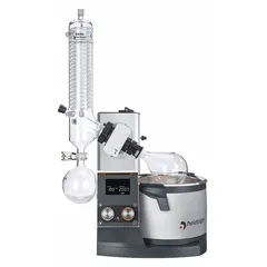 Motorized lift rotary evaporator with 5 L capacity, speed range 10-280 RPM, and 1300 W heating capacity. Features a clear digital display showing actual and set values. Includes G3B x L vertical condenser. Used for solvent removal, concentration, and distillation under reduced pressure in laboratory settings.