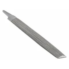 Double-cut half-round file with safe edge cut and smooth cut. Measures 10 inches in length without tang and 1 inch in width. Features a taper towards point and natural finish. Suitable for general filing tasks on metal, wood, and plastic, allowing precise shaping and finishing in industrial maintenance and fabrication.