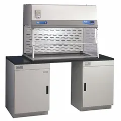 This 6 ft wide, 46 1/4 in high filtered enclosure is designed for balances, bulk powder handling, and equipment. It includes a blower and is supplied unassembled. A base/stand and work surface are required but not included. Suitable for laboratory and industrial applications requiring containment of airborne particulates.