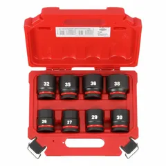This 8-piece metric impact socket set includes sizes 26, 27, 29, 30, 32, 35, 36, and 38 mm with a 3/4 in drive. A friction retention mechanism secures sockets to the anvil. Suitable for heavy-duty fastening and loosening in industrial maintenance, construction, and automotive repair.