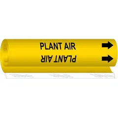 Yellow wrap-around pipe marker with black 'Plant Air' legend and directional arrows. Fits pipe outer diameters from 2-1/2 to 7-7/8 inches. Used to identify compressed air lines in industrial piping systems for clear visual communication of pipe contents.