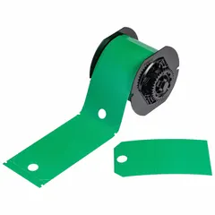 This polyester tag roll is green, measures 5 3/4 in x 3 1/4 in, and contains 100 precut tags. It is designed for indoor and outdoor use and is compatible with the BBP35 printer series. Typical applications include pipe marking, equipment labeling, and safety signage in industrial environments.