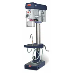This floor stand drill press features a belt drive and manual downfeed for precision boring. It operates on 230V AC single-phase power with a variable speed range of 75 to 4000 RPM. Suitable for drilling in metal, wood, and plastic workpieces in general machining and fabrication settings.