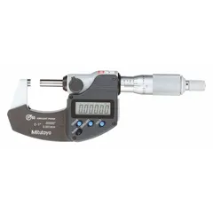 This IP65-rated digital outside micrometer measures 0 to 1 in (25.4 to 50.8 mm) with an accuracy of ±0.0001 in and resolution of 0.00005 in / 0.001 mm. It features inch/metric switching and SPC output for data collection. Designed for precision measurement in environments with coolant, chips, or moisture.