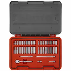 This 47-piece socket set includes 1/4 in drive standard sockets in SAE sizes from 3/16 in to 9/16 in and metric sizes from 5 mm to 14 mm. Suitable for fastening and loosening nuts and bolts in automotive repair, industrial maintenance, and general mechanical work.