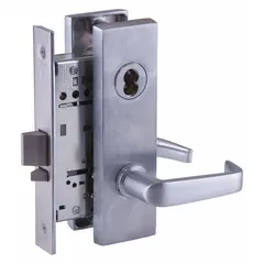 This classroom lever lockset features a satin chromium-plated stainless steel finish and a 40H escutcheon style. It is ADA compliant and includes an interchangeable core. The ANSI F05 function allows key-locking from the outside while free egress is always maintained from the inside. Suitable for educational and commercial facilities requiring secure yet accessible door operation.