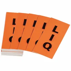 Orange pipe markers with black 'LIQ' legend and arrows, for pipe outer diameters 2-1/2 to 7-7/8 inches. Each kit contains 50 markers. Used to identify liquid pipe contents in industrial piping systems.