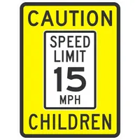 Aluminum speed limit sign with a nominal size of 18 in x 24 in and 0.080 in thickness. Features Diamond retroreflective grade for high visibility. Used to regulate traffic speed in low-speed zones such as parking lots, school areas, and residential streets. Mounting hardware not included