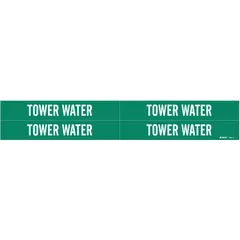 Green pipe marker with white legend reading 'Tower Water'. Fits pipe outer diameter from 3/4 to 2-3/8 inches. Set includes 4 adhesive markers without arrows. Used to identify tower water piping in industrial cooling systems.