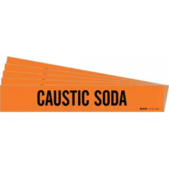 Orange adhesive pipe marker with black legend reading 'Caustic Soda' for identifying pipes carrying caustic soda. Fits pipe outer diameters from 2-1/2 to 7-7/8 inches. Supplied without arrows. Pack of 5 markers.