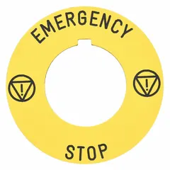 Round non-metallic plastic legend plate with yellow background and black English text, featuring a notch for emergency stop applications. Overall diameter 2 3/8 in, designed for 30 mm panel mounting on Series 9001K/9001SK push-button operators.