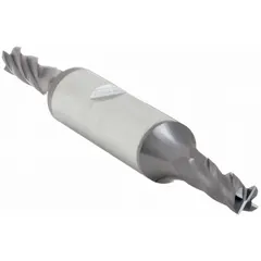 Double-end carbide square end mill with AlTiN coating for heat resistance and wear protection. Features 4 flutes, 1/8" mill diameter, and 3/8" length of cut. Used for slotting, profiling, and contouring in ferrous and non-ferrous materials in general metalworking and tool-and-die applications.