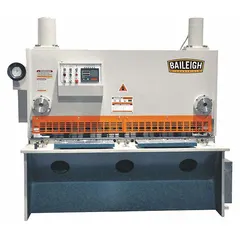 This hydraulic machining shear is operated via foot pedal and offers a maximum cut width of 96 inches with a capacity of 0.25 inch. It is suited for cutting sheet metal and plate in fabrication shops, metalworking facilities, and production environments that require precise, straight cuts.
