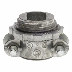 Die cast zinc straight connector with 2-screw strap and snap-in design for securing AC/MC cable. Non-insulated, 3/8 in trade size, silver finish. UL-514B listed. Used in junction boxes and enclosures for cable termination.
