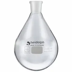 This 2,000 mL colorless round glass boiling flask is designed for use with rotary evaporators. It features a 24/40 compatible stopper size and is suitable for holding and heating solvent mixtures under reduced pressure in laboratory distillation processes.