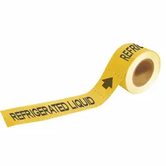 Yellow adhesive pipe marker with black legend text reading 'Refrigerated Liquid' and directional arrows. Supplied on a roll of 25 markers, each fits pipe O.D. of 1-1/2 to 2 in. Used to identify pipes carrying refrigerated liquid in industrial facilities.