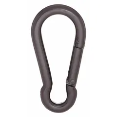 This load-rated spring snap features a solid gate and steel construction with a 950 lb working load limit. It is intended for non-lift tethering and positioning tasks in industrial rigging applications where a secure connection point is required.