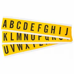 This character set includes Gothic letters A to Z in black on a yellow, non-reflective, die-cut background. Designed for indoor/outdoor use, it is suitable for permanent identification labeling on equipment, pipes, and facility signage. The set is not self-spacing or aligning.