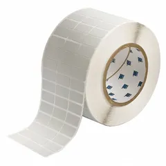Tamper-indicating precut label roll with a checkerboard footprint pattern that provides visual evidence of unauthorized removal. Each label measures 1/2 in x 1 in and is designed for use with Brady IP Series printers. The pattern breaks apart upon attempted removal, leaving a visible residue to indicate tampering.
