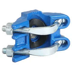 Ductile iron double-bale service saddle with two carbon-steel straps and a 3/4 in NPT outlet. Designed for creating branch connections on water or gas mains, it accommodates pipes with 1 5/8 in – 1 7/8 in outside diameter. Rated for maximum operating pressure of 300 psi, with steel nut, carbon-steel bolt, and NBR gasket.