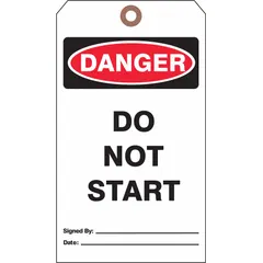 White single-part danger tags with cotton string fasteners, supplied in a pack of 25. The legend is printed on one side only. Used in lockout/tagout procedures to warn personnel of hazardous energy sources during maintenance or servicing of equipment.