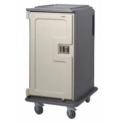 Non-pass-through polyethylene meal delivery cart with one door, holds 16 trays. Granite Gray finish, overall height 58 1/8 in. Equipped with two swivel casters with brakes. NSF certified. Suitable for transporting meals in foodservice settings.