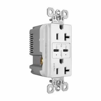 PASS & SEYMOUR Receptacle: Decorator Duplex, 5-15R, 2 USB Ports, USB Type C, White, 125V AC - Weather-Resistant Receptacles with USB Chargers