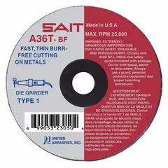 Type 1 cut-off wheel for general purpose cutting of carbon and stainless steel. Aluminum oxide abrasive with 36 grit for fast, clean cuts on metal stock, pipes, and sheet materials in fabrication and maintenance applications.