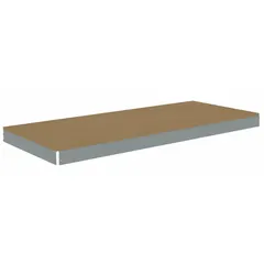 This shelf kit includes four zinc-plated steel beams and an unfinished particleboard decking in gray. Designed for boltless shelving systems, it provides a single straight shelf configuration suitable for organizing parts, boxes, or equipment in warehouses and workshops.