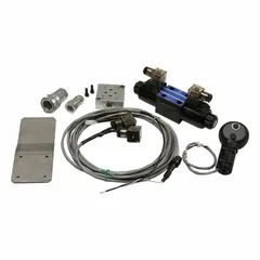 Electro-hydraulic third function kit for tractors, enabling cab-controlled operation of front-mounted attachments such as grapples or snowplows. Rated for 600 psi max pressure and 12 gpm nominal flow rate. Operates on 12V DC with SAE 6 pressure and return port thread sizes.