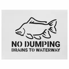 Polyethylene stencil set for marking storm drains with the message 'No Dumping Drains To Waterway'. Each set includes three stencils with an 18 in x 12 1/2 in message size. Used for environmental compliance marking on storm drain surfaces.