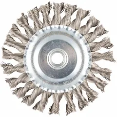Twisted stainless steel wire wheel brush for heavy cleaning of contoured stainless steel surfaces. Removes rust, scale, and weld splatter without contaminating the workpiece. Features a 5" diameter, 1/2" width, and 5/8"-11 arbor.