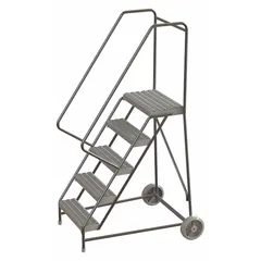 This assembled aluminum tilt-and-roll ladder features a 4.2 ft platform height and double handrails for safe elevated access. The tilt-and-roll design allows one person to reposition it easily. Suitable for tasks such as reaching overhead storage or equipment in industrial settings.