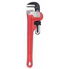 Straight pipe wrench with serrated cast iron jaws and I-Beam handle. Overall length 8 in, jaw capacity 1 in. Used for gripping and turning pipes or fittings within capacity in plumbing and maintenance tasks.