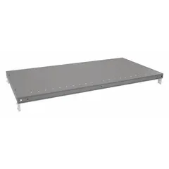 Solid steel shelf for standard metal shelving units. 20-gauge steel with gray epoxy finish. Overall width 36 in, depth 18 in. Supports 850 lb evenly distributed weight. Includes four shelf clips for installation.