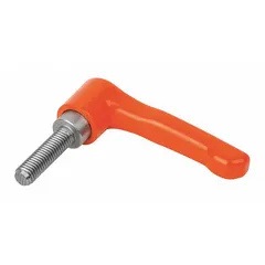 Zinc body with stainless steel threaded stud. Straight teardrop design for manual clamping and positioning on industrial machinery, jigs, and fixtures. Thread size 1/4"-20, thread length 30 mm, overall length 65 mm. Orange finish.