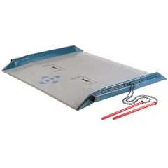This steel dock board bridges the gap between a loading dock and a truck or railcar, enabling forklift and pallet jack access. It features a diamond treadplate surface for traction and measures 60 inches long by 72 inches wide.
