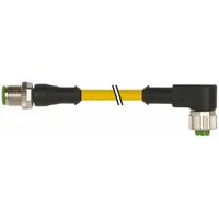 Double-ended cordset with M12 male straight and M12 female right-angle connectors, 4 pins, 22 AWG wire, 0.6 m yellow PVC cable. Rated IP66K for washdown environments. Used to connect sensors and actuators in industrial automation, packaging, and material handling systems where flexing and space constraints are present