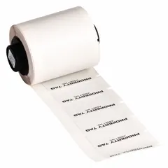 Precut label roll, 1 5/8 in x 3/4 in, polyester material in black/gray. Halogen-free construction. Compatible with BMP71 printer using Media Adapter. Used for industrial identification, equipment marking, cable labeling, and safety signage.