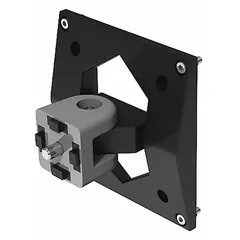 This 2-way pivot monitor mount is designed for single extrusion profiles in the 15, 40, and 45 Series. It features rotate adjustability and includes M4 fasteners. Constructed of black/gray polyamide with a zinc-plated finish, it measures 113 mm x 112.8 mm x 113 mm. Suitable for industrial workstations, control panels, and assembly lines requiring ergonomic screen positioning.